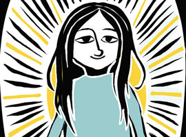 An illustrated image of a person with long hair on a stylized background.