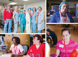  A collage of health care workers in various settings, including a hospital, kitchen, and rehabilitation area.