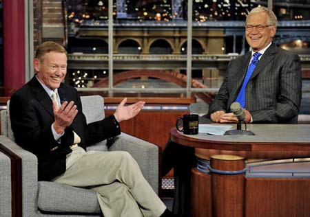 President and Chief Executive Officer of the Ford Motor Company Alan Mulally joins host David Letterman on the set of the “Late Show with David Letterman,” Wednesday Aug.3, 2011 in New York. (AP Photo/CBS, John Paul Filo)