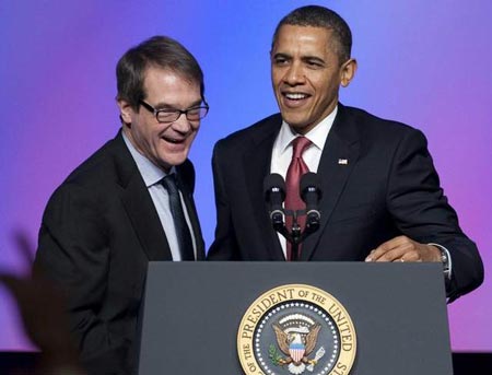 UAW President Bob King, left, and President Barack Obama address a UAW event Tuesday. (Saul Loeb / Getty Images)