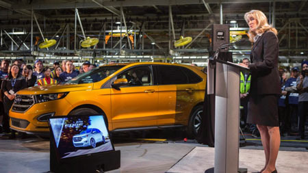 Ford Canada CEO Dianne Craig, seen here at her company's Oakville, Ont., facility last year, has been warning of dire consequences for the auto sector ever since the TPP was negotiated last fall. She's asking the federal and provincial governments to do more to protect the auto business. (Chris Young/Canadian Press) 