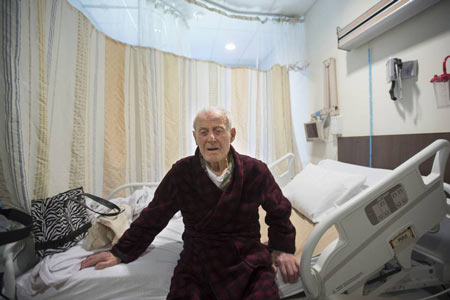 Ilias Spanidis, 88, is shown in his room at Markham Stouffville Hospital. Mr. Spanidis has been at the hospital for a month, and the hospital is trying to get him discharged, but his son Tom Spanidis, doesn’t believe he’s ready. 