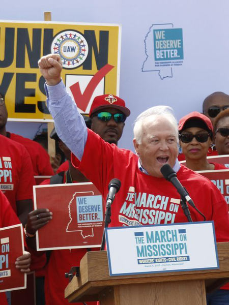UAW President Dennis Williams is shown March 4, 2017, calling for autoworkers to demand their rights during a speech before thousands gathered at a pro-union rally near Nissan Motor Co.’s Canton, Miss., plant. The United Auto Workers Monday, July 10, 2017, filed an election petition with the National Labor Relations Board, to force a unionization election at the plant following years-long pressure campaign to build support.