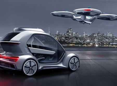 The "Pop.Up Next" concept, being developed by Audi, italdesign and Airbus, will provide options for air or ground travel. Its passenger cabin can fasten onto either an autonomous-driving electric car base, or a flight module with vertical takeoff and landing. (Photo: italdesign)