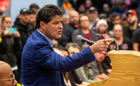 Unifor President Jerry Dias: Promises "one hell of a fight" with GM in Canada. He's pictured here speaking to GM workers in Oshawa earlier Monday. Photo credit: REUTERS