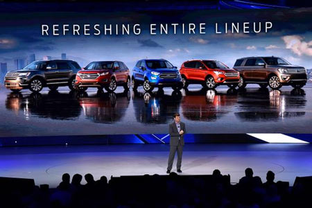 The Ford SUV lineup is introduced by Jim Farley, Ford executive vice president and president of Ford Global Markets. The company is going after Jeep with off-road and rugged utility vehicles.  (Photo: Ford)
