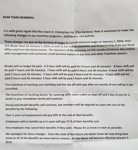 A picture of the document outlining cuts to paid breaks due to Ontario's minimum wage hike employees at Tim Hortons say they were told to sign.