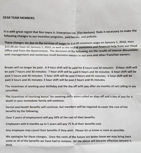 Tim Hortons heirs cut paid breaks and worker benefits after minimum wage hike, employees say : r/ontario