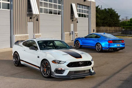 The 2021 Ford Mustang Mach 1 features 480 horsepower, stiffened suspension, and a handling and appearance pack (car at fore) to turn things up a notch. (Photo: Ford, Ford)