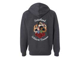 Hoodie with graphic of women flexing their biceps, with three red roses at the bottom.