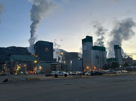 An exterior view of the Kruger mill in Kamloops, B.C. at dusk